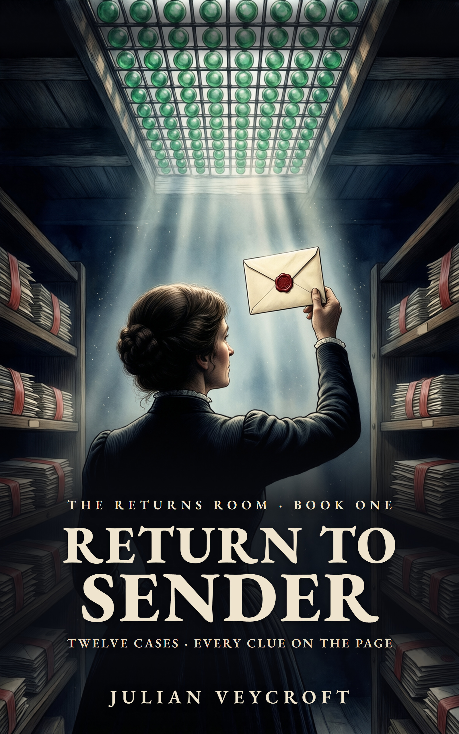 Cover of Return to Sender by Julian Veycroft: a woman holds a sealed letter up to the light falling through pavement glass into a basement room of shelved post.